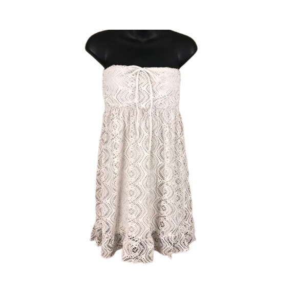 Lace Strapless Dress White Crochet‎ Overlay Tie Front Beach Cover Up M - Picture 1 of 3